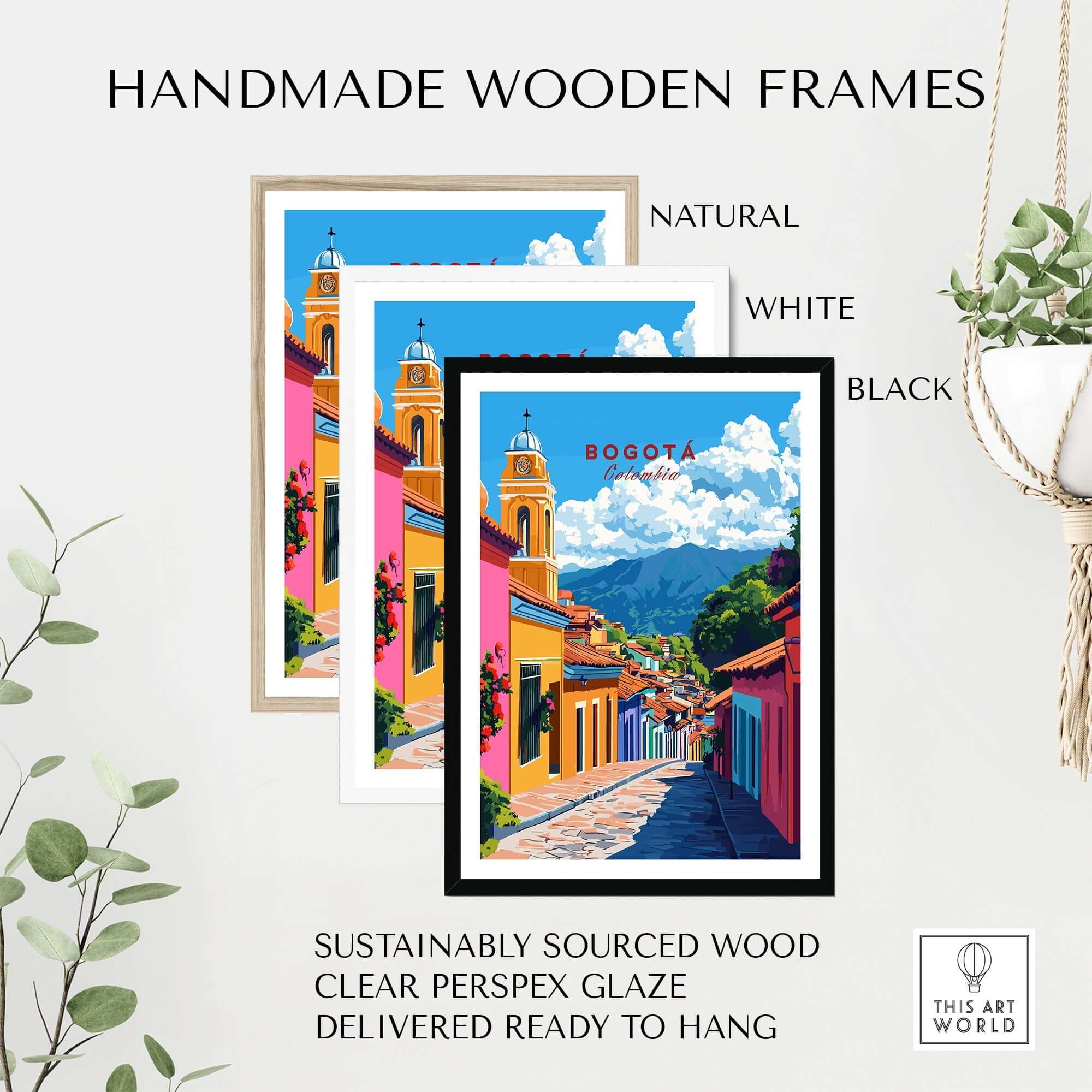 Bogota Wall Art displayed in handmade wooden frames, featuring vibrant colors and clear perspex glaze, ready to hang.