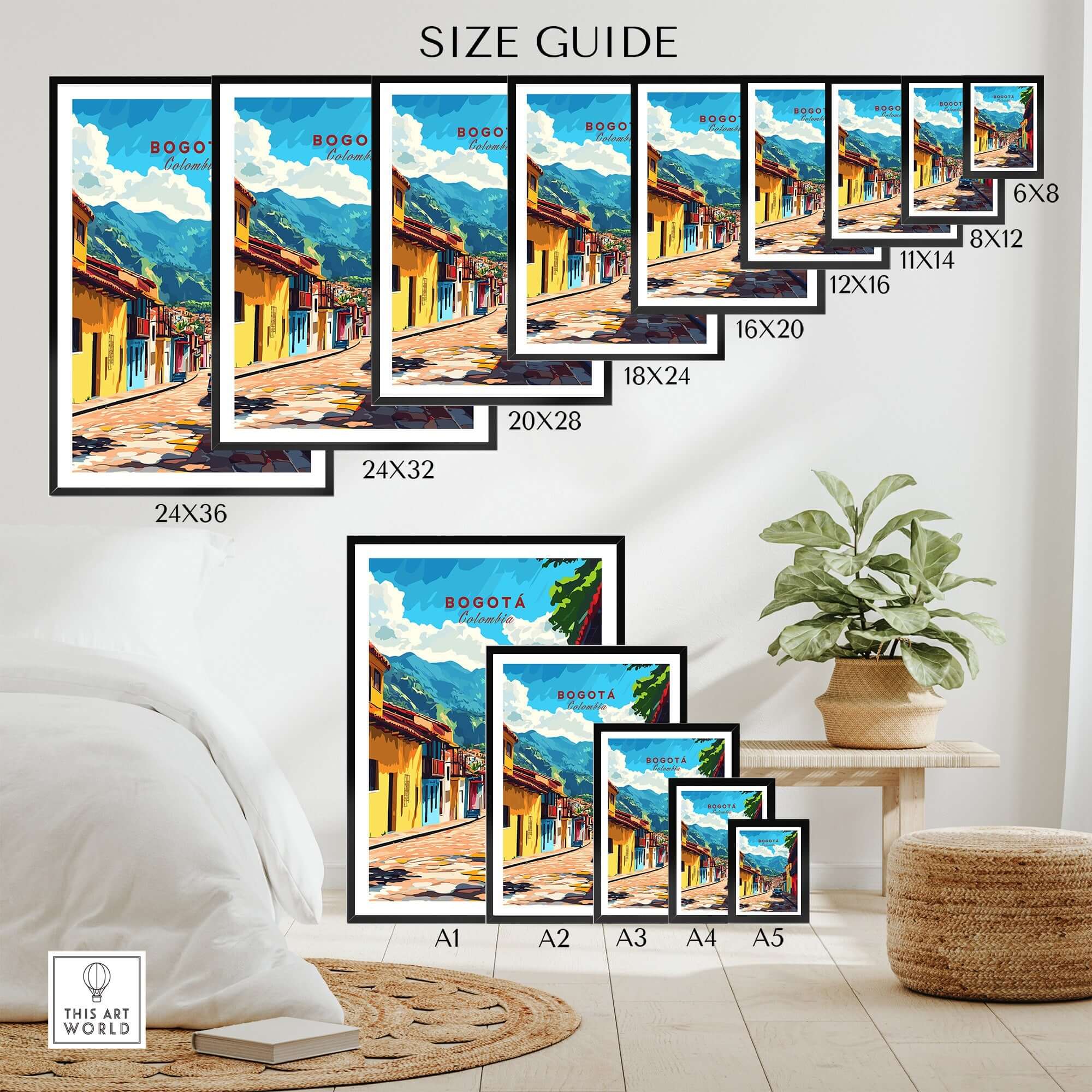 Bogota Wall Art Poster size guide showcasing multiple frame sizes for home decor inspiration.