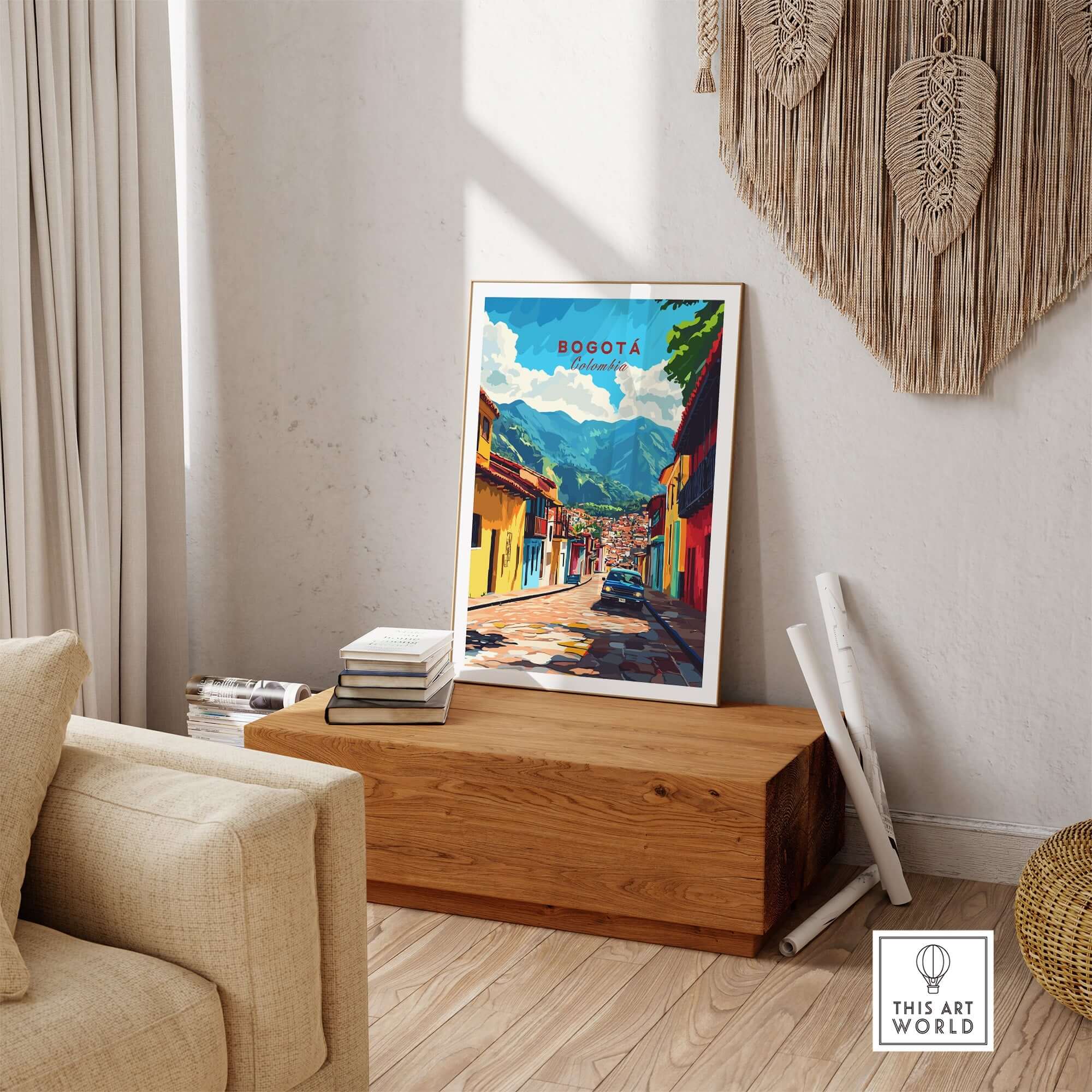 Bogota Wall Art Poster showcasing a vibrant view of the city, enhancing home decor with urban inspiration.