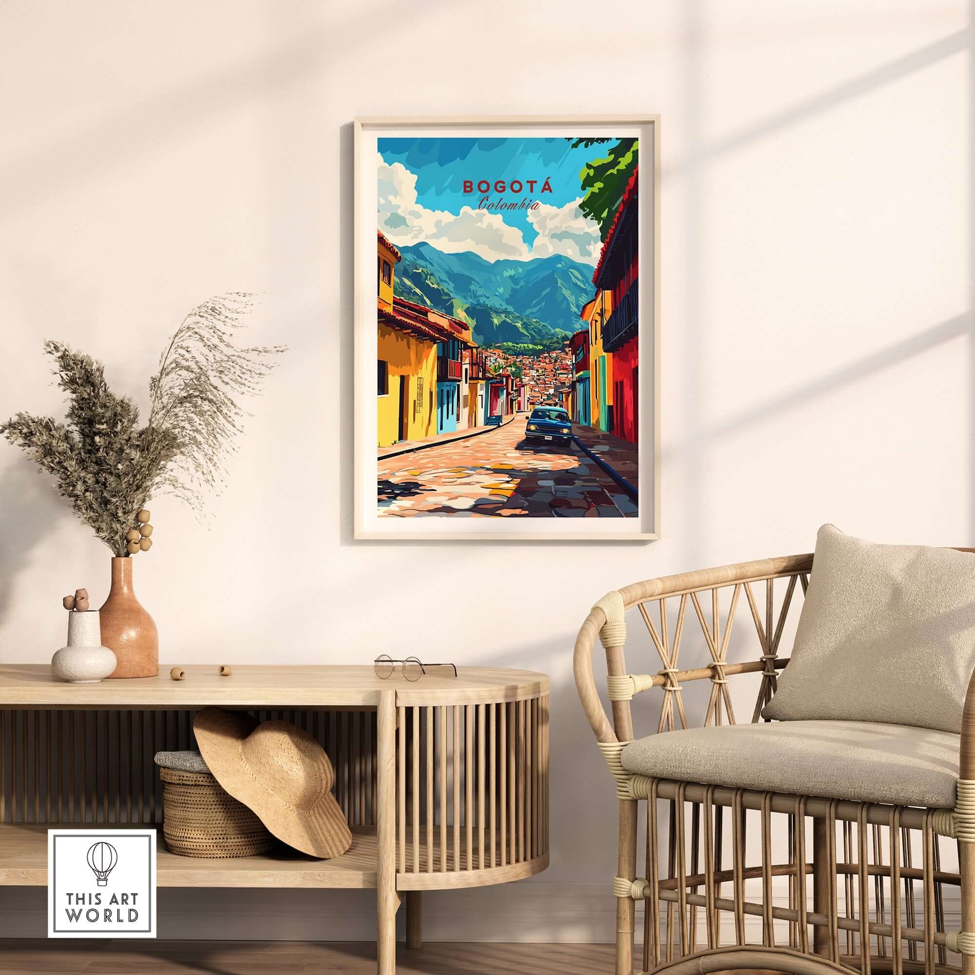 Bogota Wall Art Poster showcasing a vibrant city scene, enhancing home decor with urban inspiration.