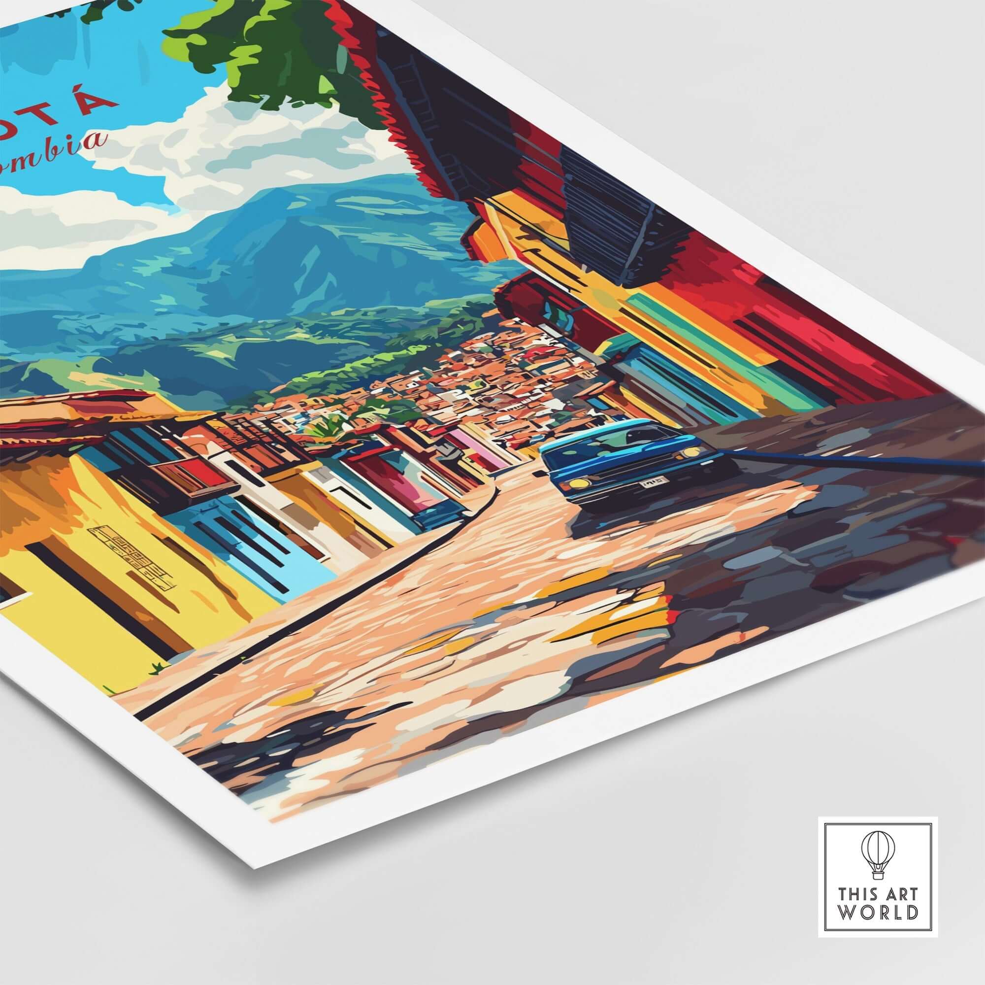 Bogota Wall Art Poster showcasing a vibrant view of the colorful streets and hills of Colombia, perfect for urban decor.