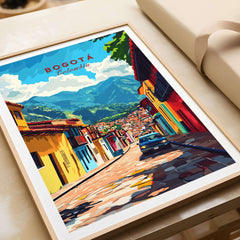 Bogota Wall Art Poster featuring a vibrant cityscape and mountains, perfect for urban home decor.