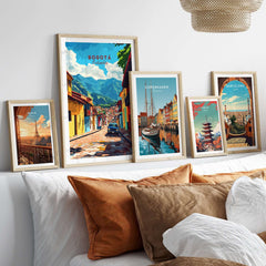 Bogota Wall Art Poster displayed among other city prints, enhancing home decor with vibrant urban inspiration.
