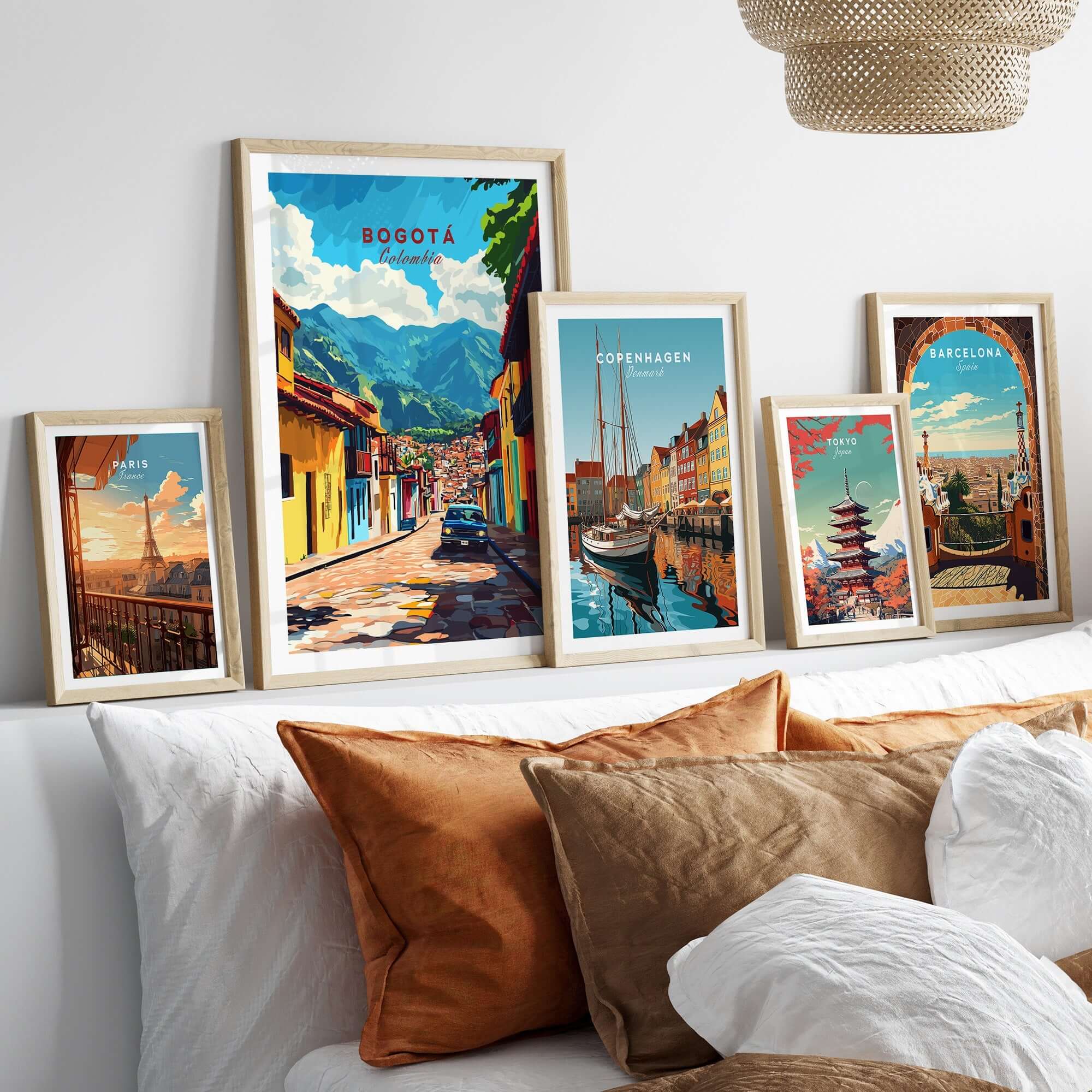 Bogota Wall Art Poster displayed among other city prints, enhancing home decor with vibrant urban inspiration.