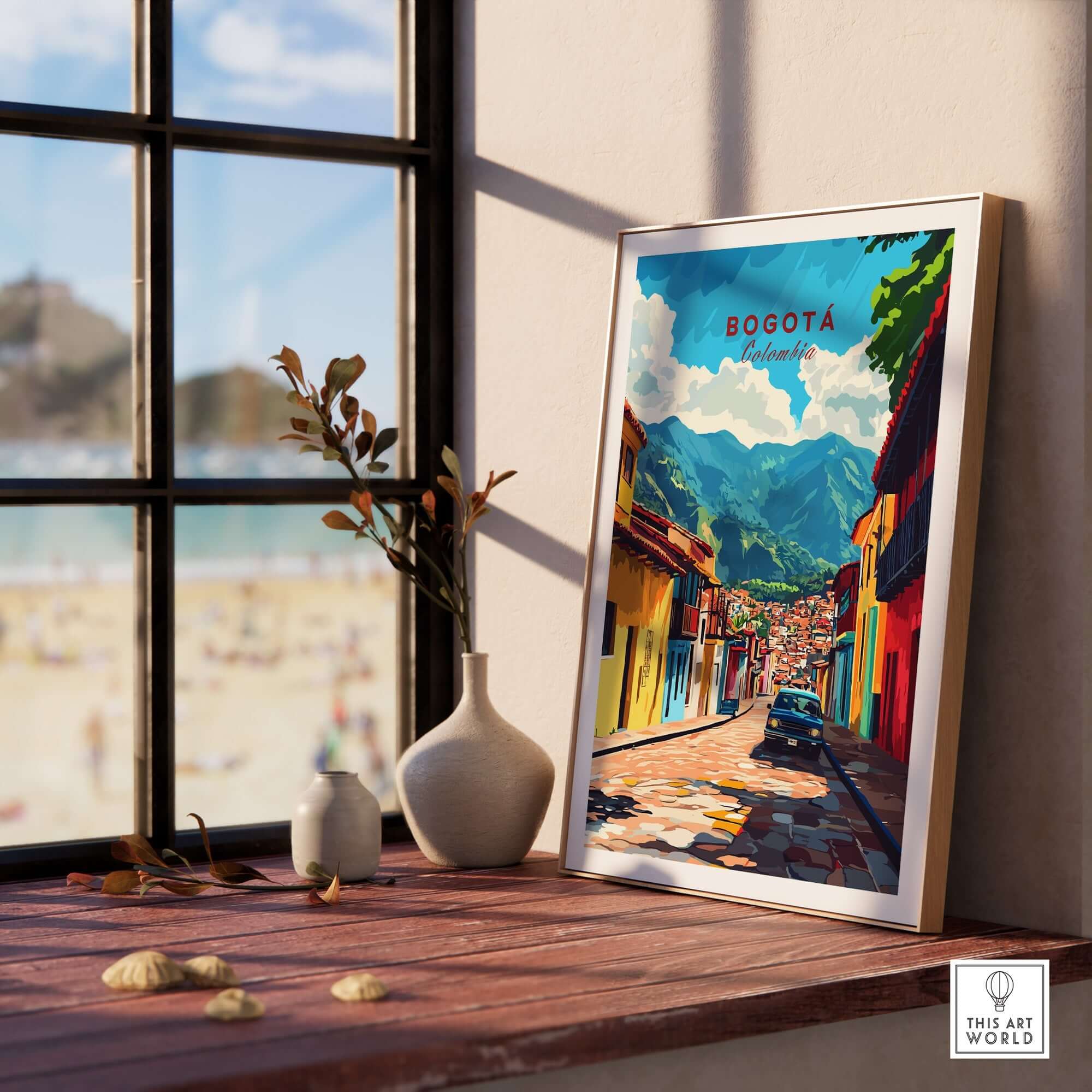 Bogota Wall Art Poster showcasing a vibrant city view and mountains, perfect for urban home decor.