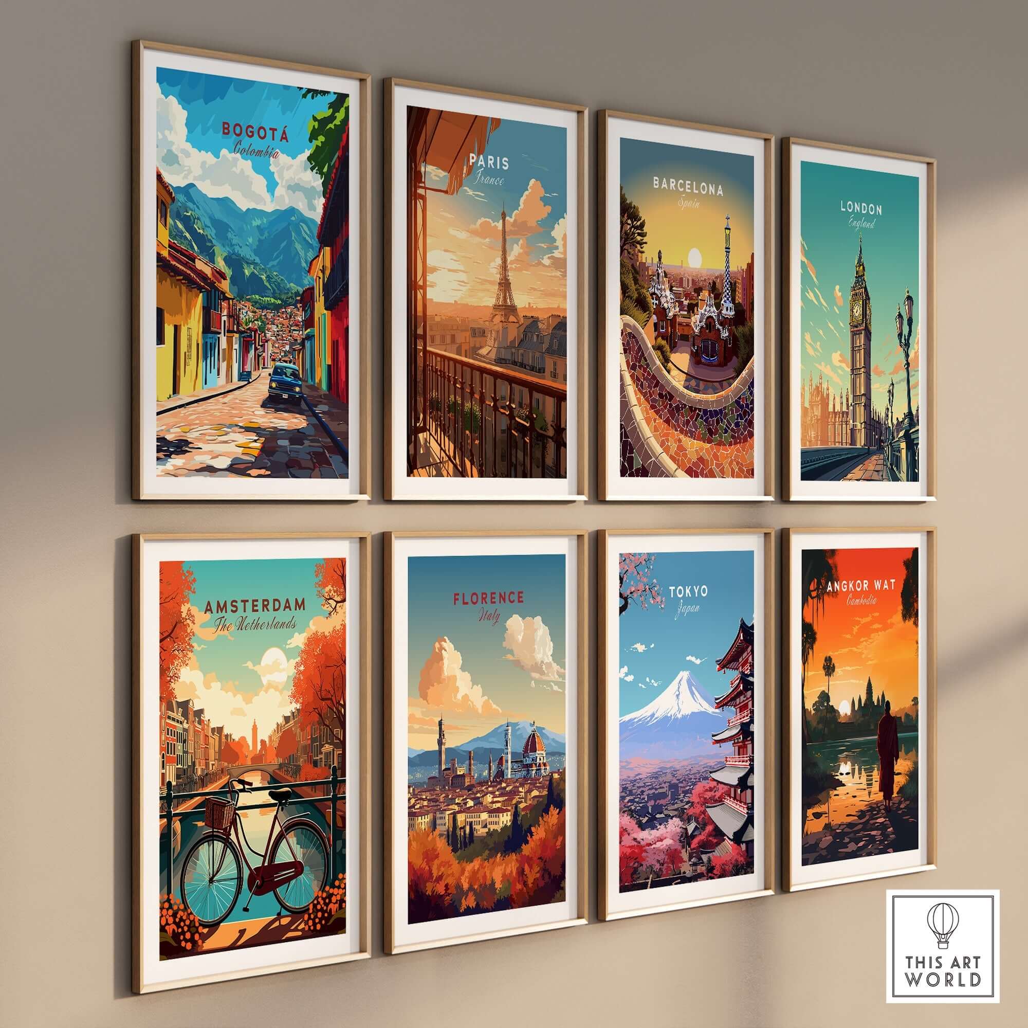 Bogota Wall Art Poster and city travel prints displayed in a stylish gallery wall arrangement.
