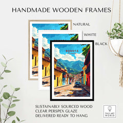 Bogota Wall Art Poster featuring handmade wooden frames in natural, white, and black options.