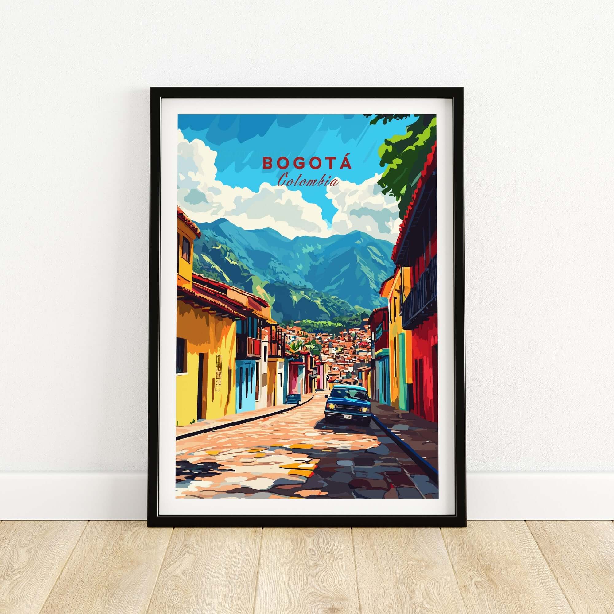 Bogota Wall Art Poster featuring vibrant streets and mountains of Bogotá, Colombia in colorful design.