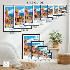 Size guide for Bogota Wall Art Print showcasing various dimensions and vibrant designs.
