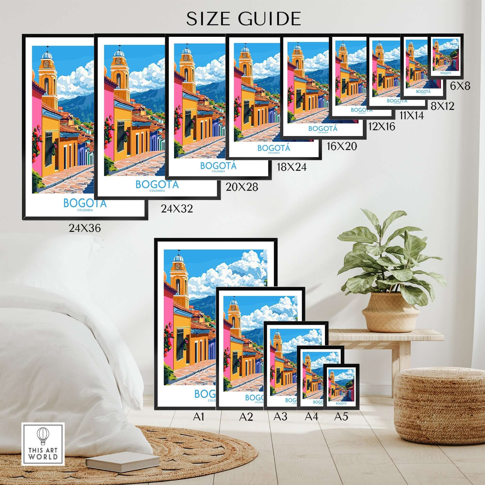 Size guide for Bogota Wall Art Print showcasing various dimensions and vibrant designs.