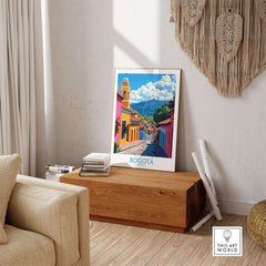 Bogota Wall Art Print showcasing vibrant Colombian culture and architecture in a cozy living room setting.