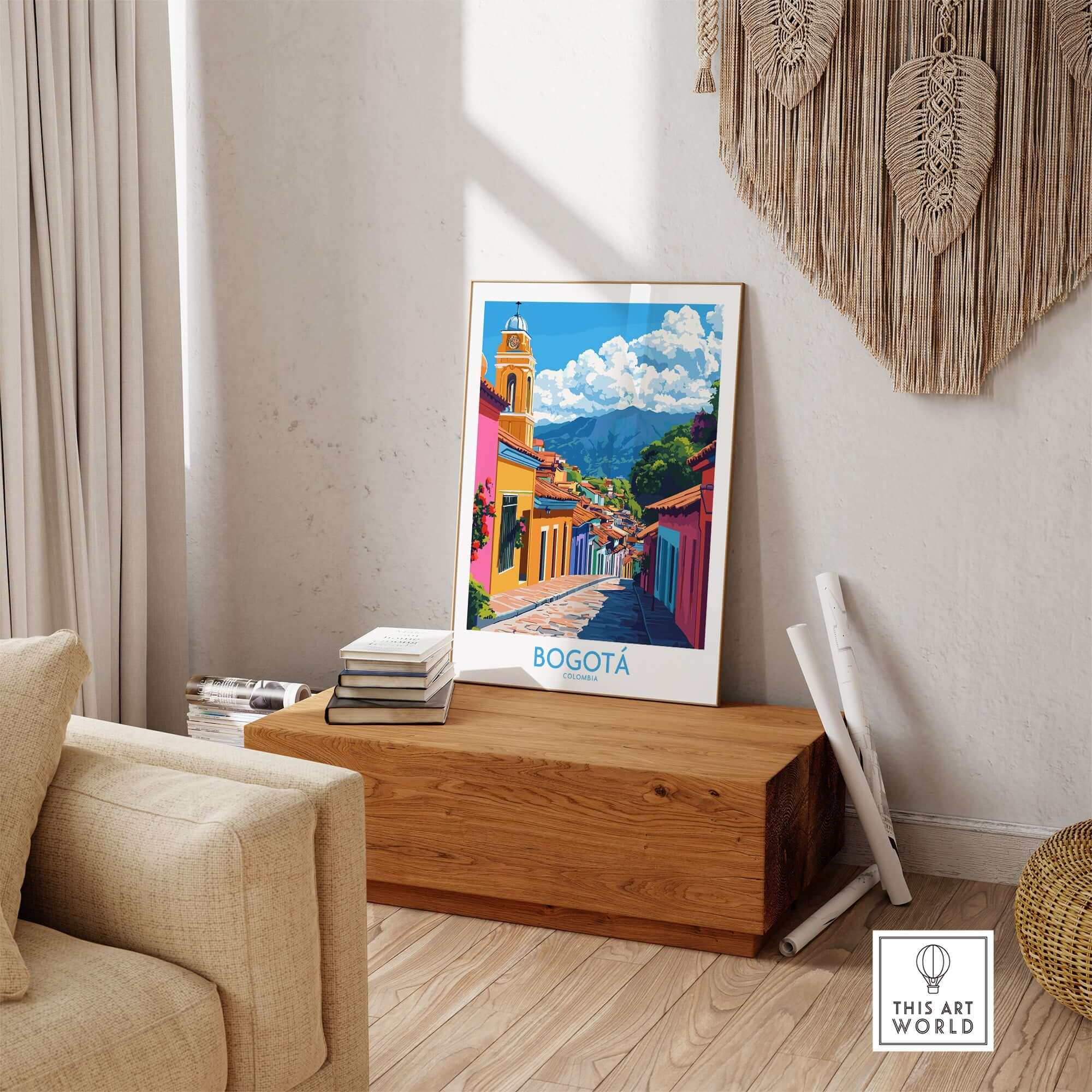 Bogota Wall Art Print showcasing vibrant Colombian culture and architecture in a cozy living room setting.