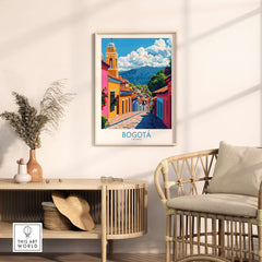Bogota Wall Art Print featuring vibrant street colors and beautiful architecture in a modern living space.