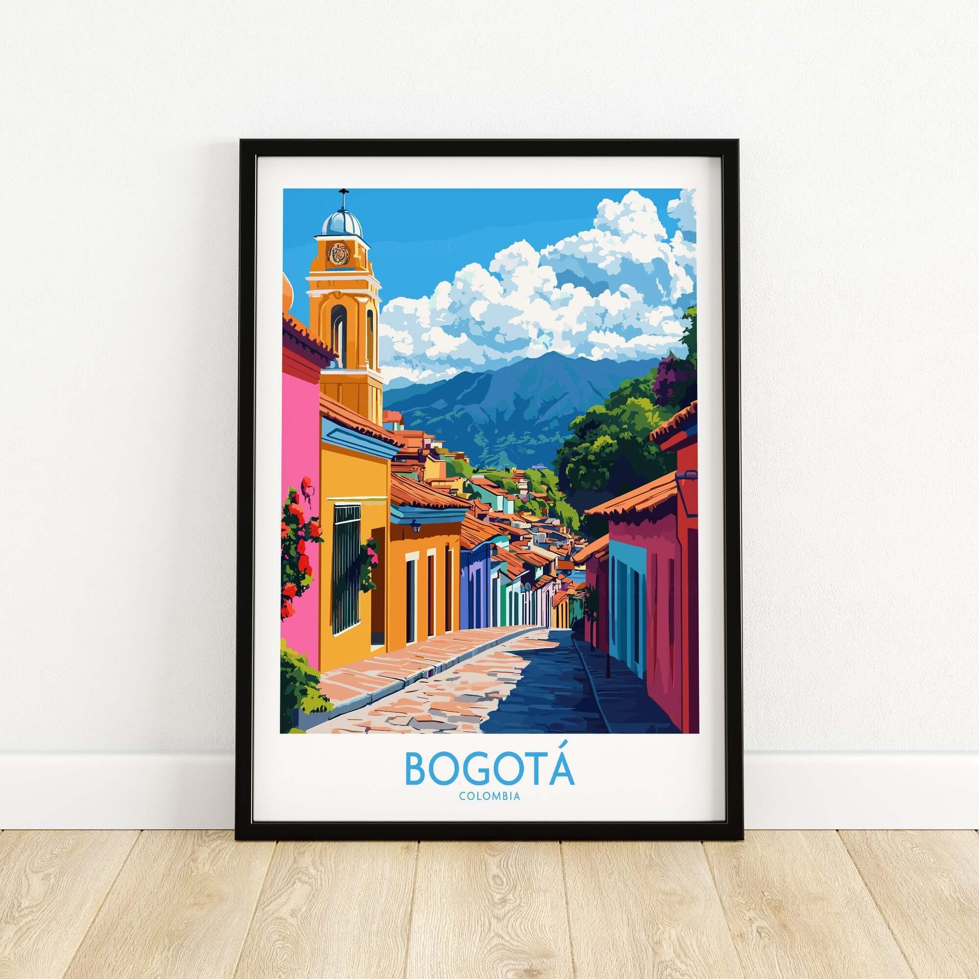 Bogota Wall Art Print showcasing vibrant streets of Bogotá, Colombia in colorful art style.