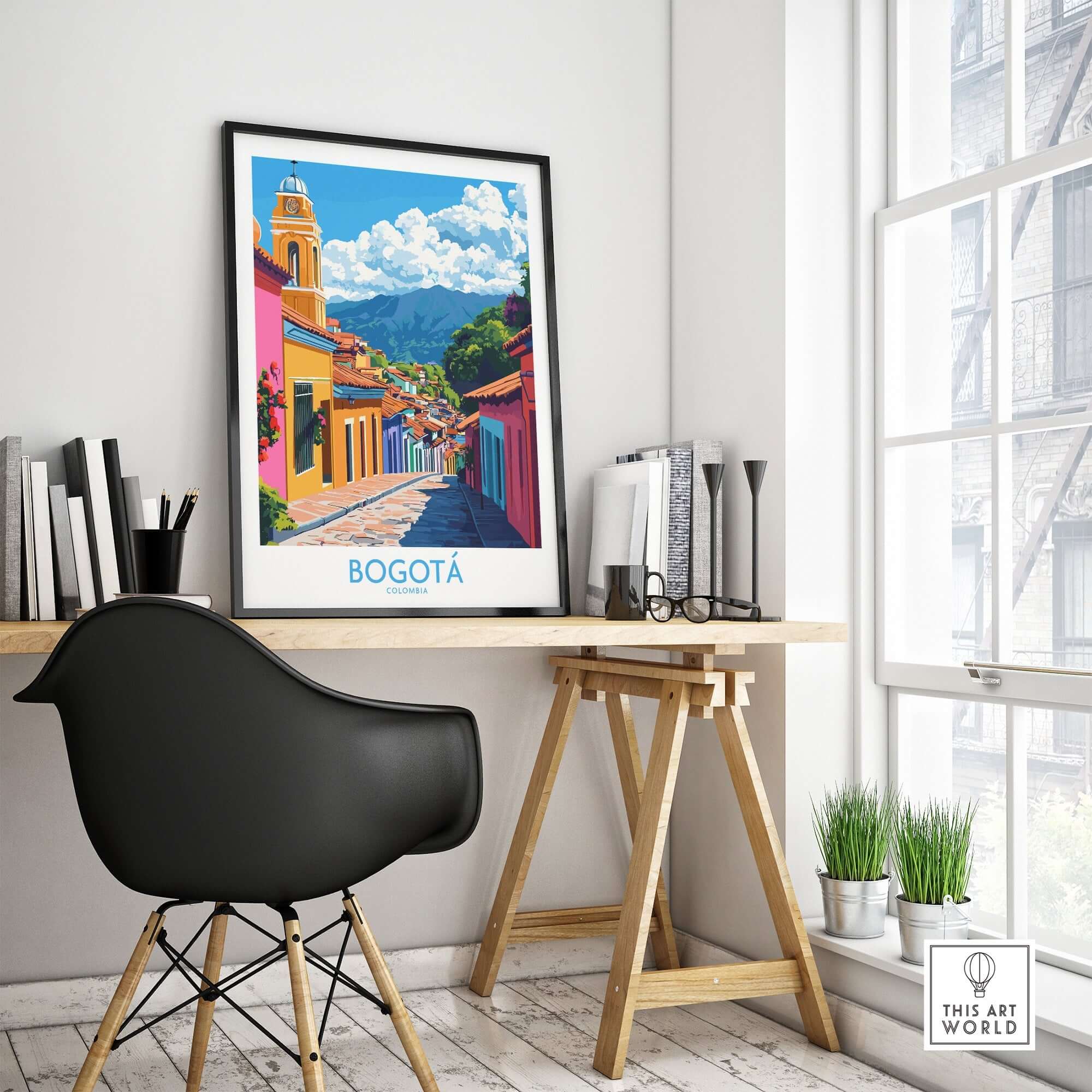Bogota Wall Art Print displayed in a modern office setting, featuring vibrant colors and intricate details.