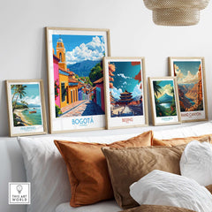 Colorful Bogota Wall Art Print displayed among travel prints, enhancing home decor with Colombian charm.