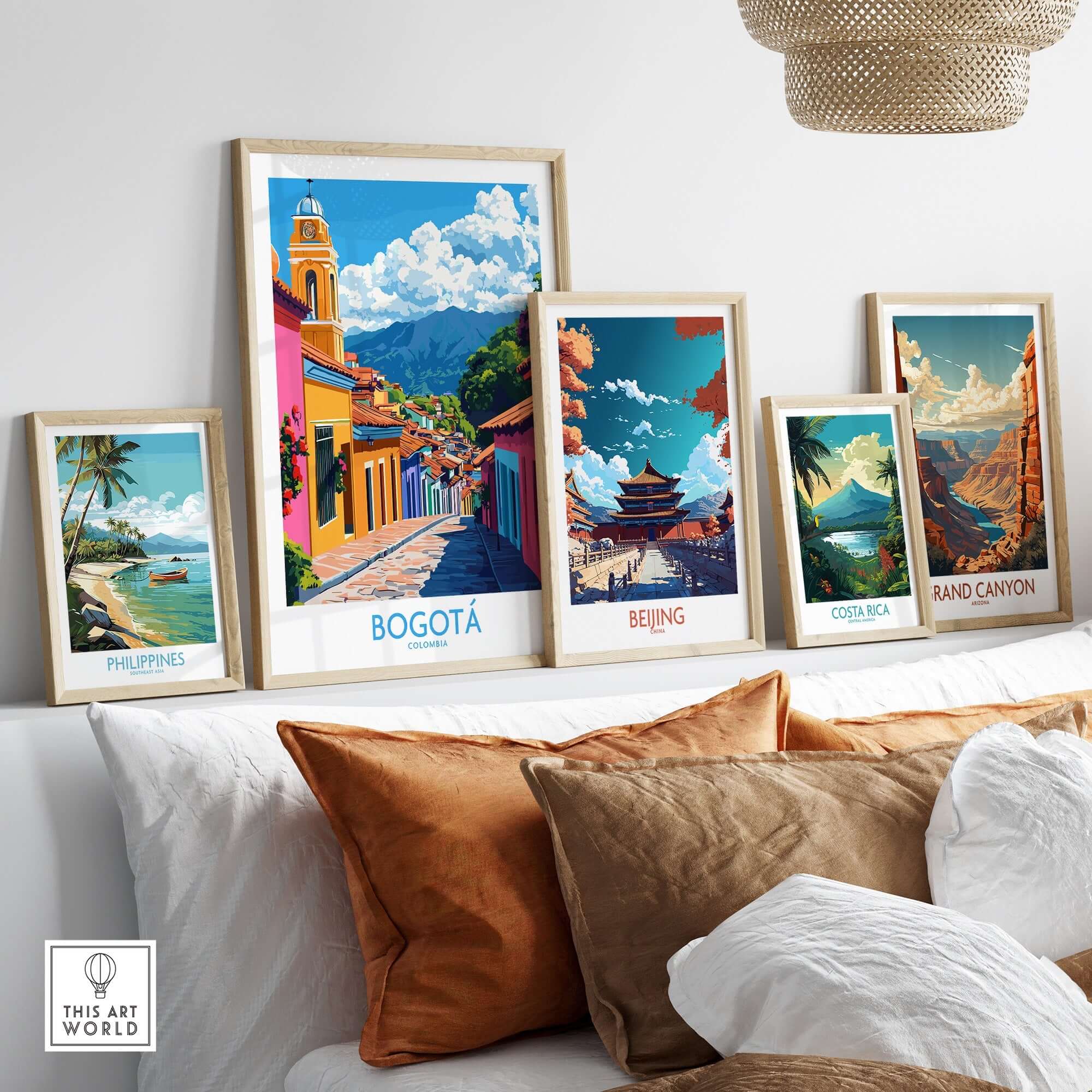 Colorful Bogota Wall Art Print displayed among travel prints, enhancing home decor with Colombian charm.
