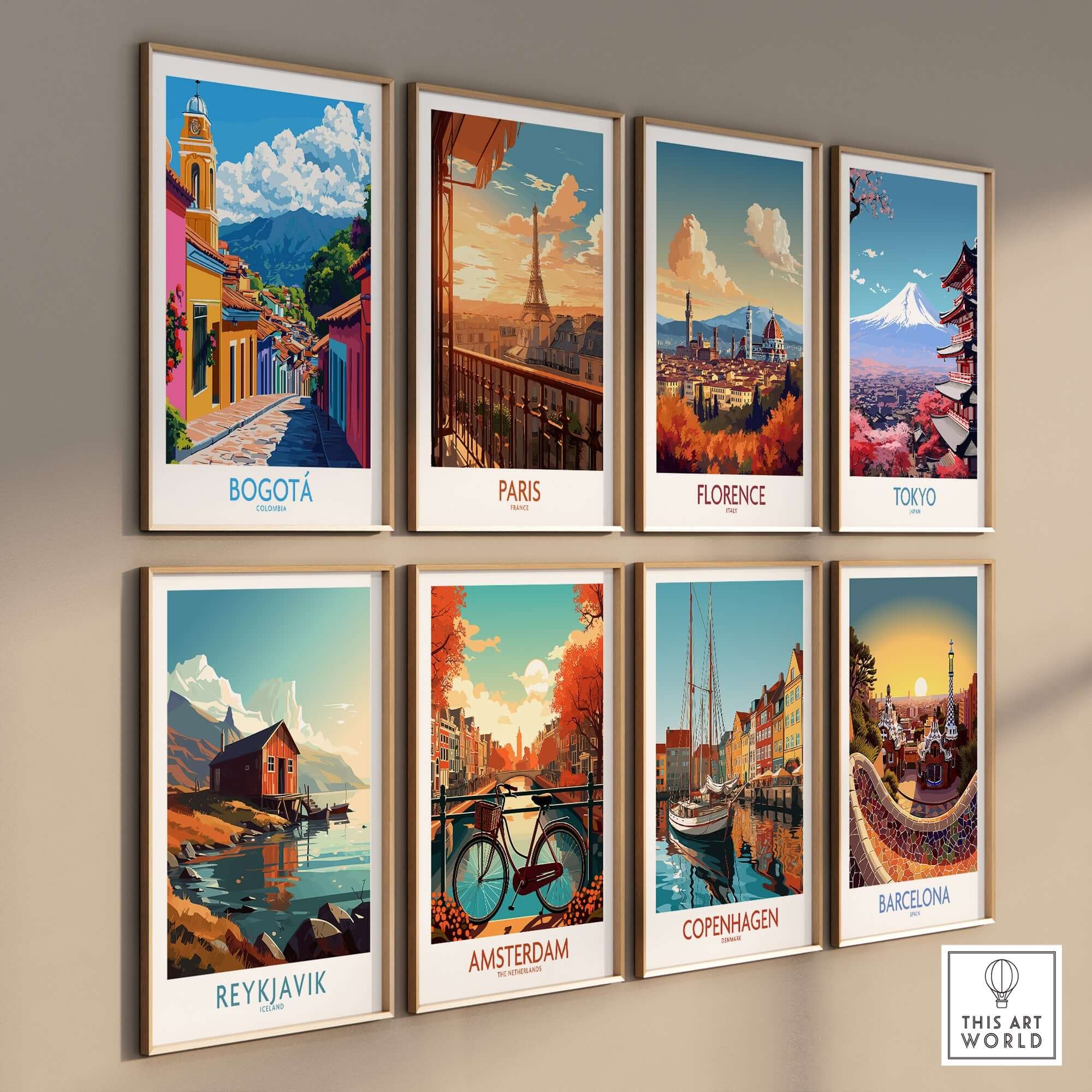 Bogota Wall Art Print featuring vibrant colors and iconic landmarks from Bogota, Colombia.