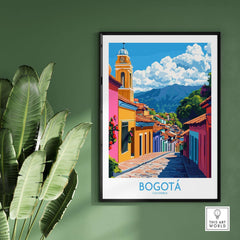 Bogota Wall Art Print showcasing colorful streets of Bogota, Colombia, framed and displayed against a green wall.