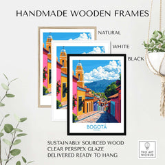 Bogota Wall Art Print displayed in handmade wooden frames in natural, white, and black finishes.