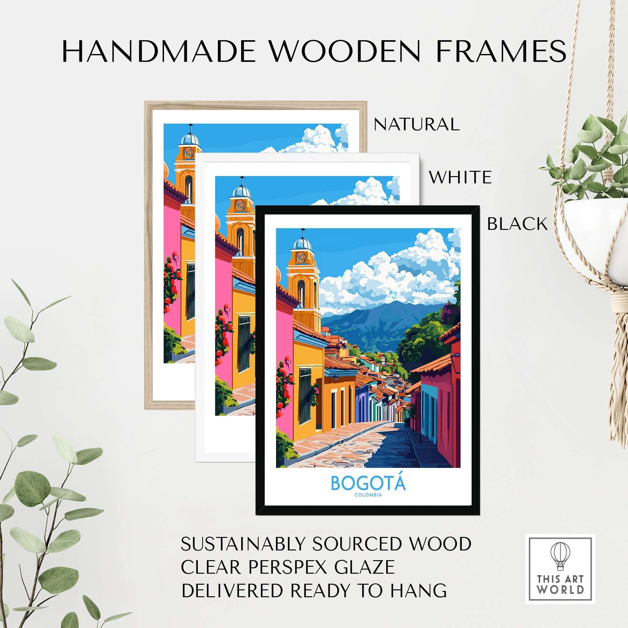 Bogota Wall Art Print displayed in handmade wooden frames in natural, white, and black finishes.
