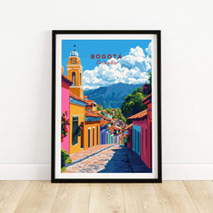 Bogota Wall Art featuring a colorful street view with mountains and a clock tower, perfect for home decor.