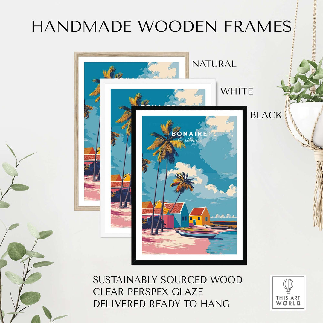 Three handmade wooden frames in natural, white, and black showcasing a colorful Bonaire Caribbean beach art print.