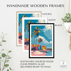 Bonaire Caribbean Colorful Houses Print - Tropical Beach Art Poster in handmade wooden frames, featuring natural, white, and black colors.