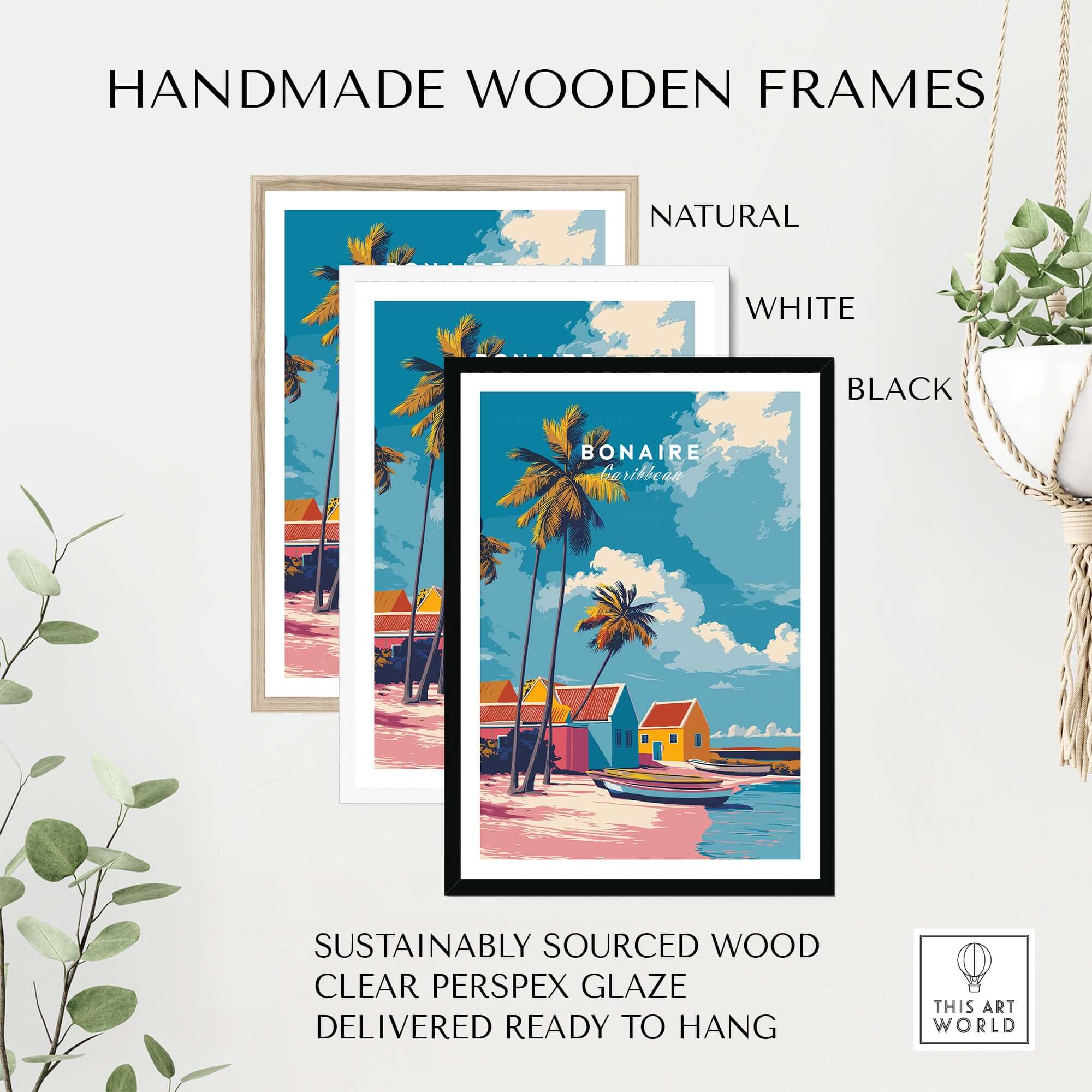 Bonaire Caribbean Colorful Houses Print - Tropical Beach Art Poster in handmade wooden frames, featuring natural, white, and black colors.