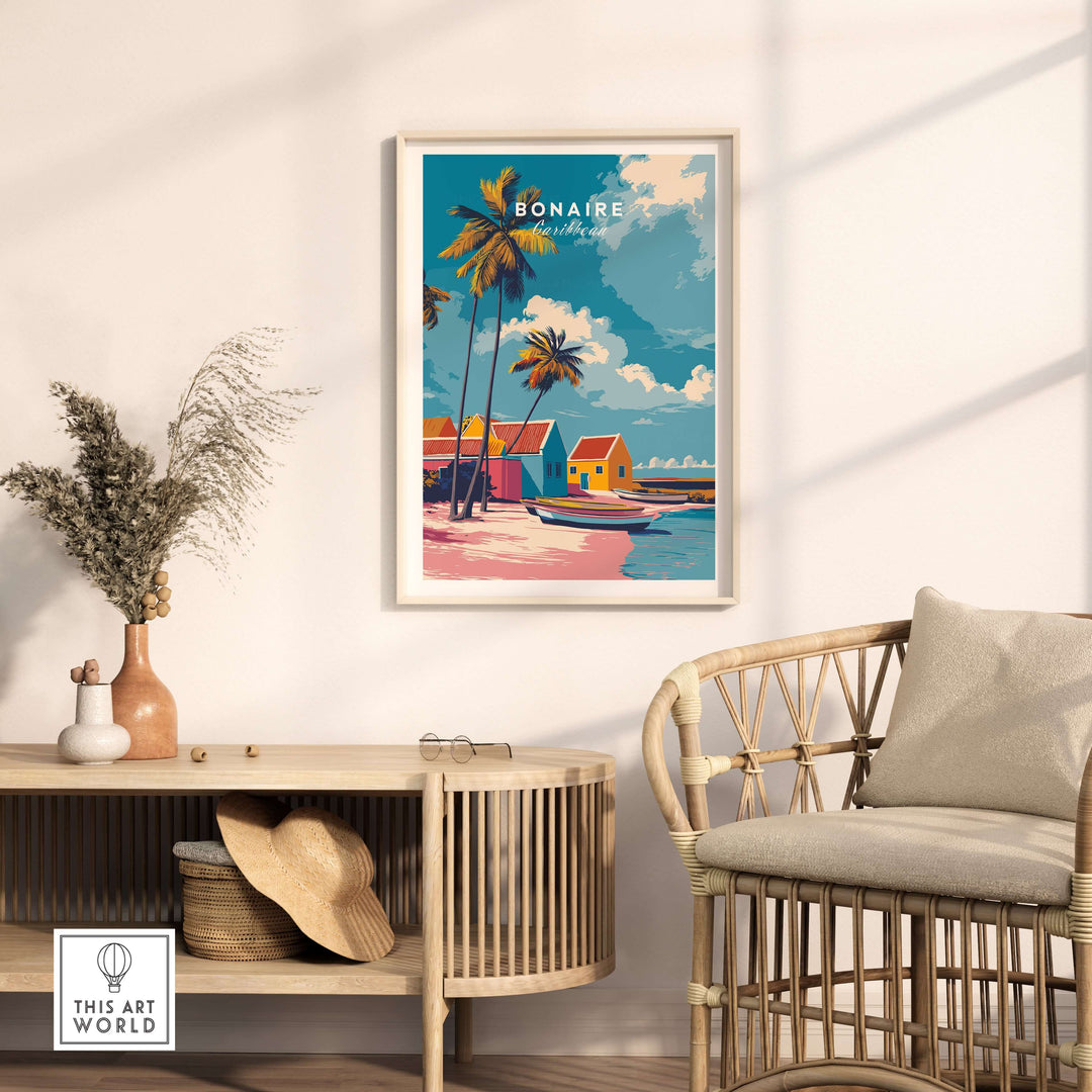 Vibrant Bonaire Caribbean houses print art poster displayed in a stylish interior setting with tropical decor.