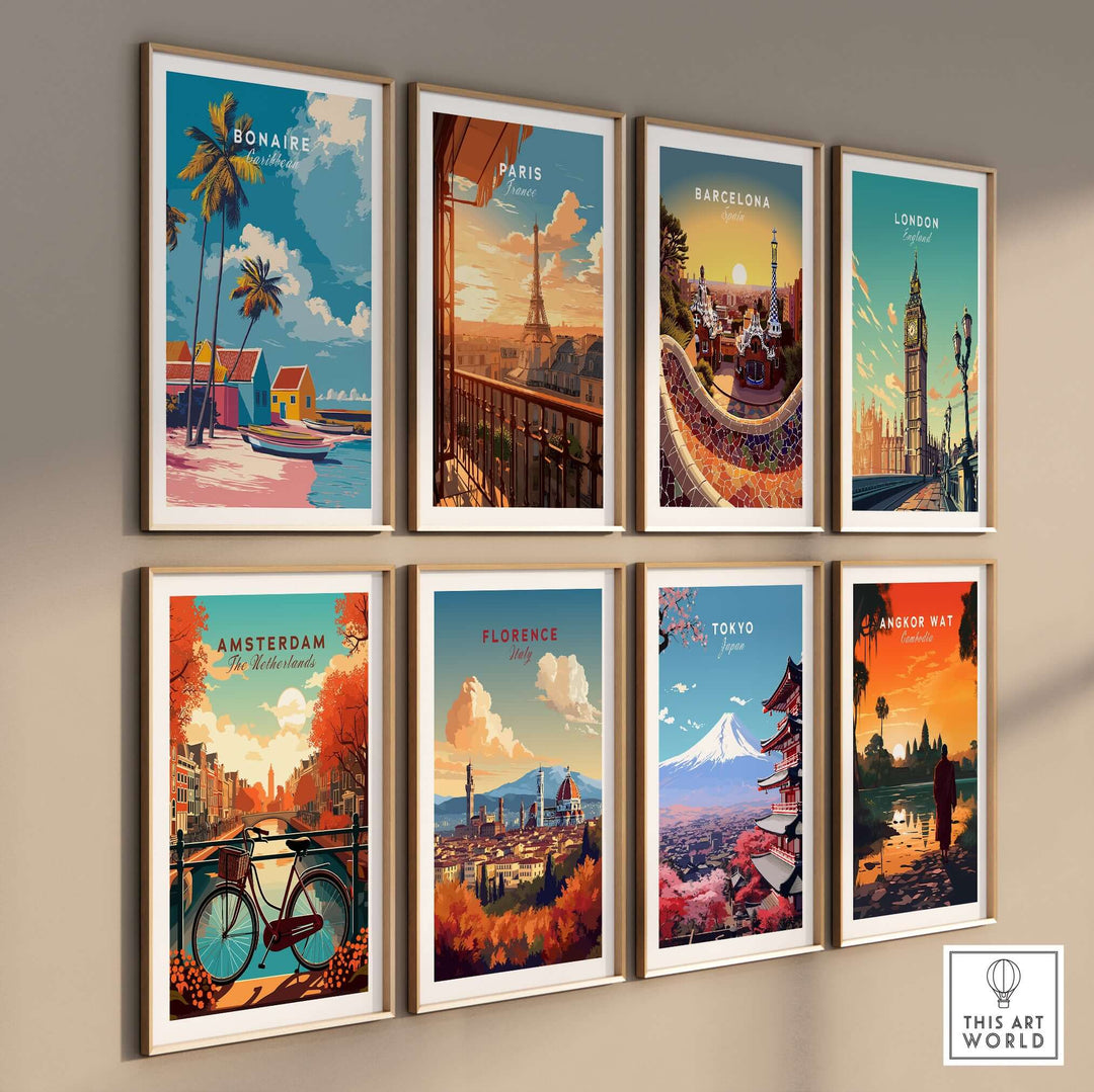 Wall display of vibrant travel art posters featuring cities like Bonaire, Paris, Barcelona, London, Amsterdam, Florence, Tokyo, and Angkor Wat.