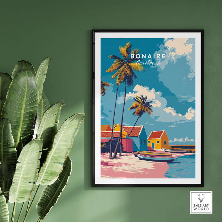 Bonaire Caribbean colorful houses print featuring vibrant tropical scene with palm trees and beach art.