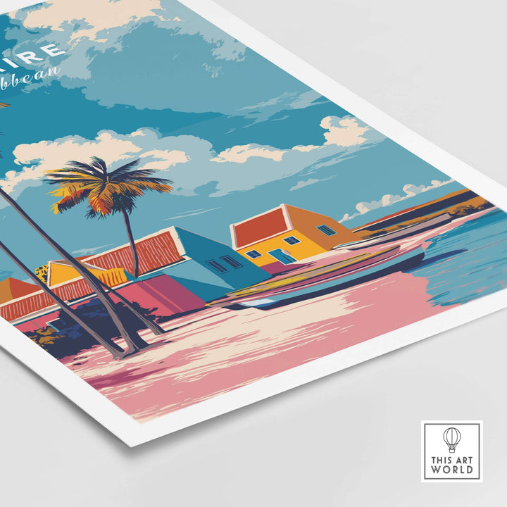 Bonaire Caribbean colorful houses print featuring vibrant tropical beach scene with palm trees and calm waters.