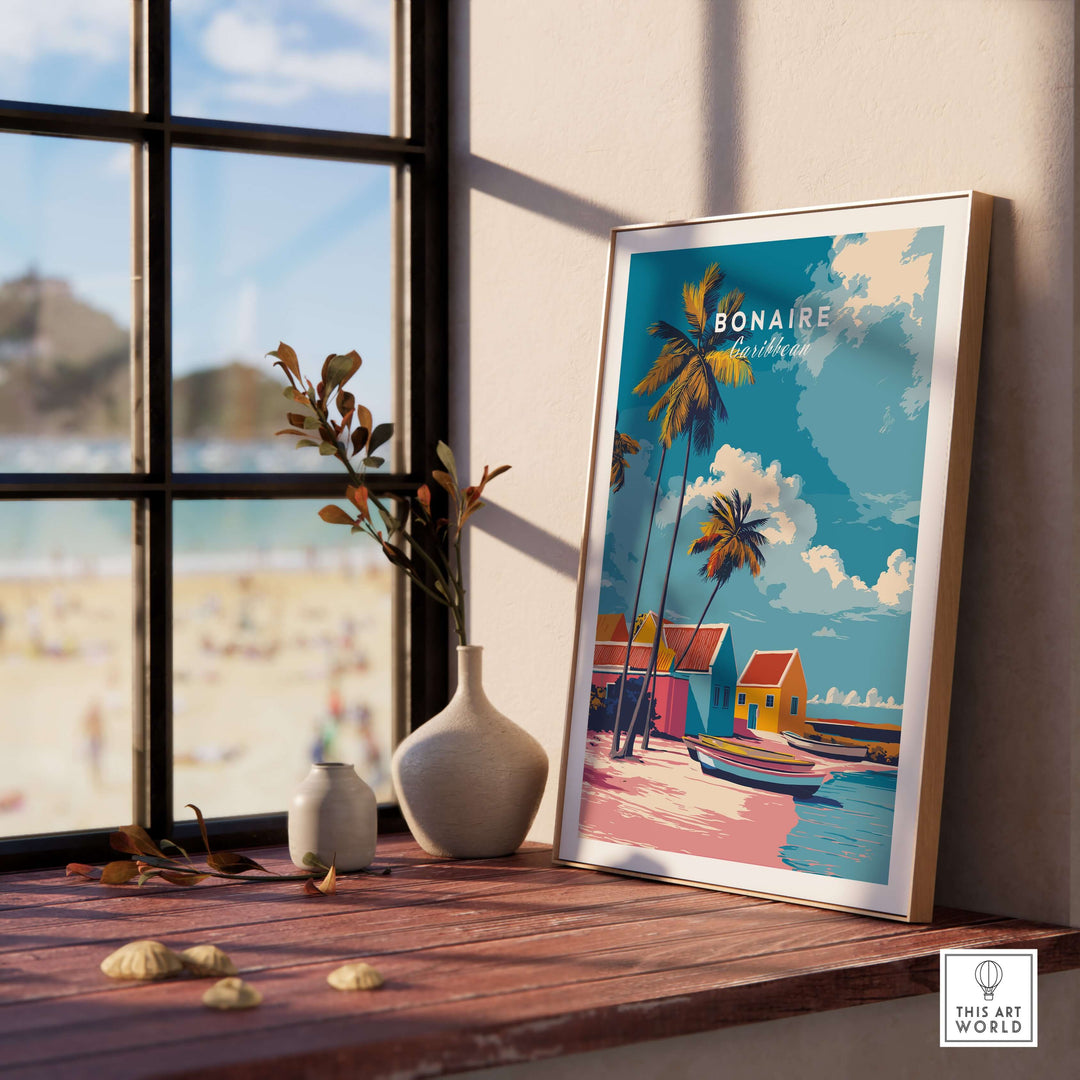 Bonaire Caribbean colorful houses print displayed in a sunny room with a beach view, showcasing tropical art.