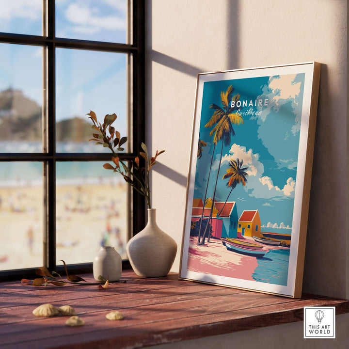 Bonaire Caribbean colorful houses print displayed in a sunny room with a beach view, showcasing tropical art.