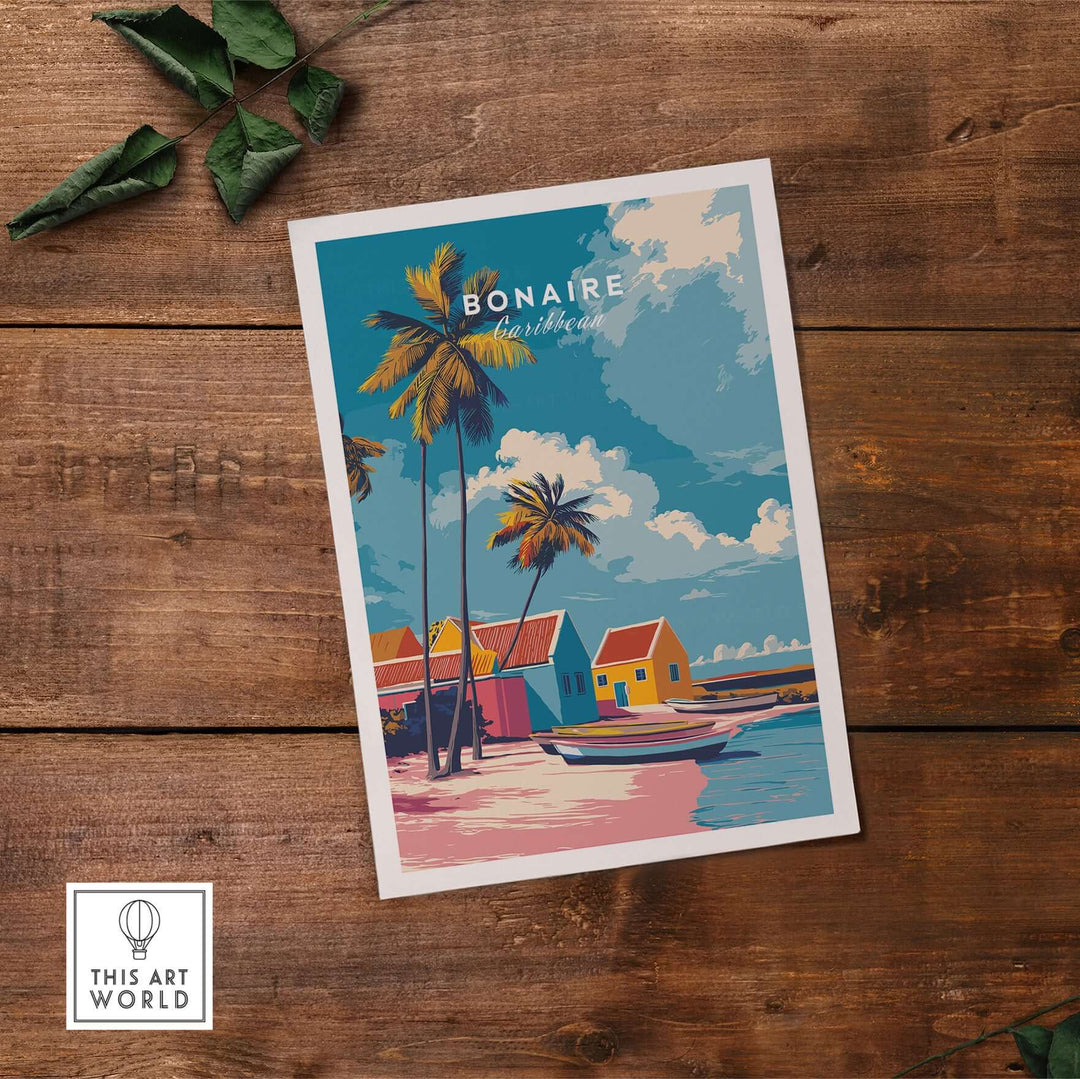 Bonaire Caribbean colorful houses print featuring palm trees and a boat, tropical beach art poster.