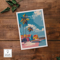 Bonaire Caribbean Colorful Houses Print - Tropical Beach Art Poster featuring vibrant tropical scene with palm trees and colorful houses.