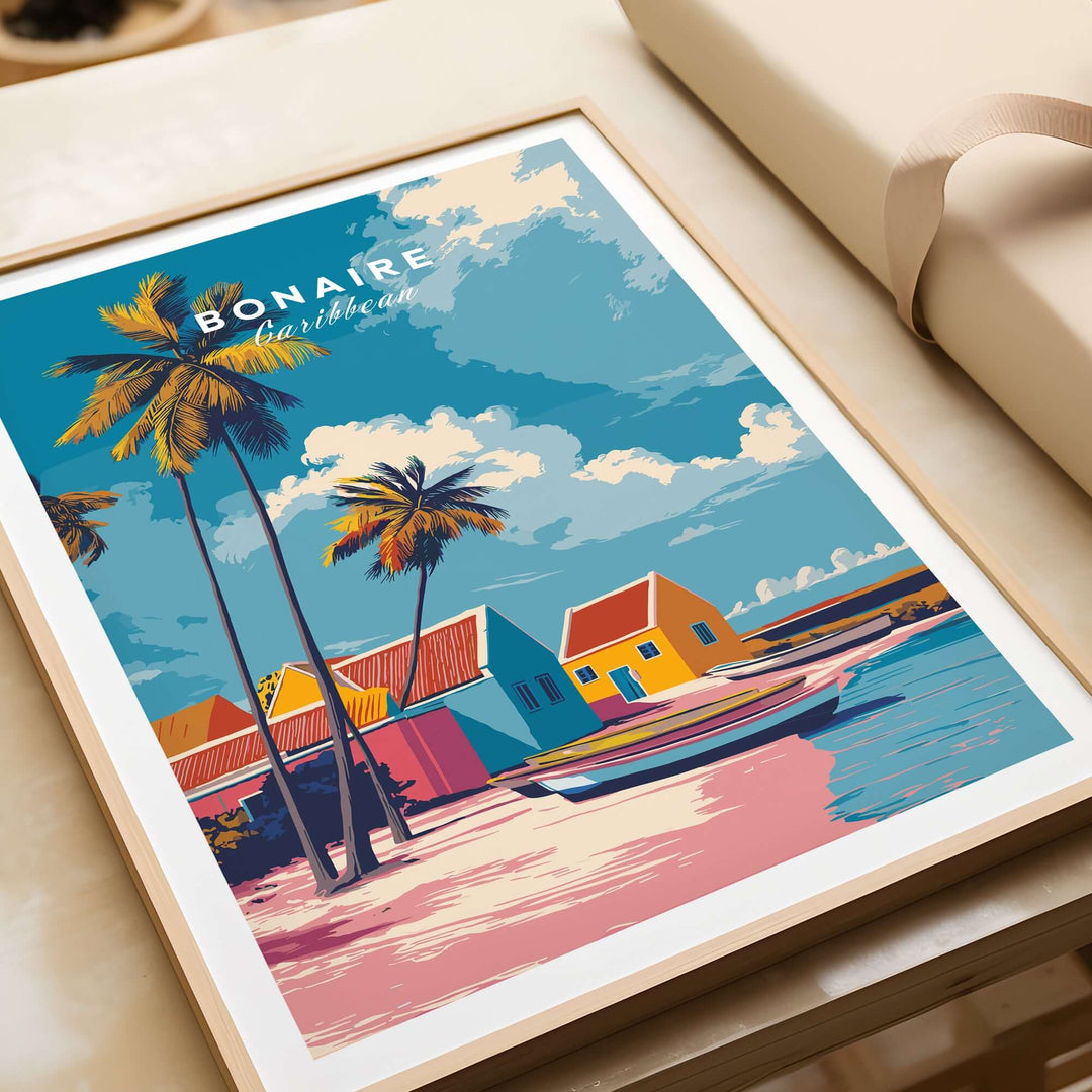 Bonaire Caribbean colorful houses print featuring tropical beach scene with palm trees and a vibrant sky.