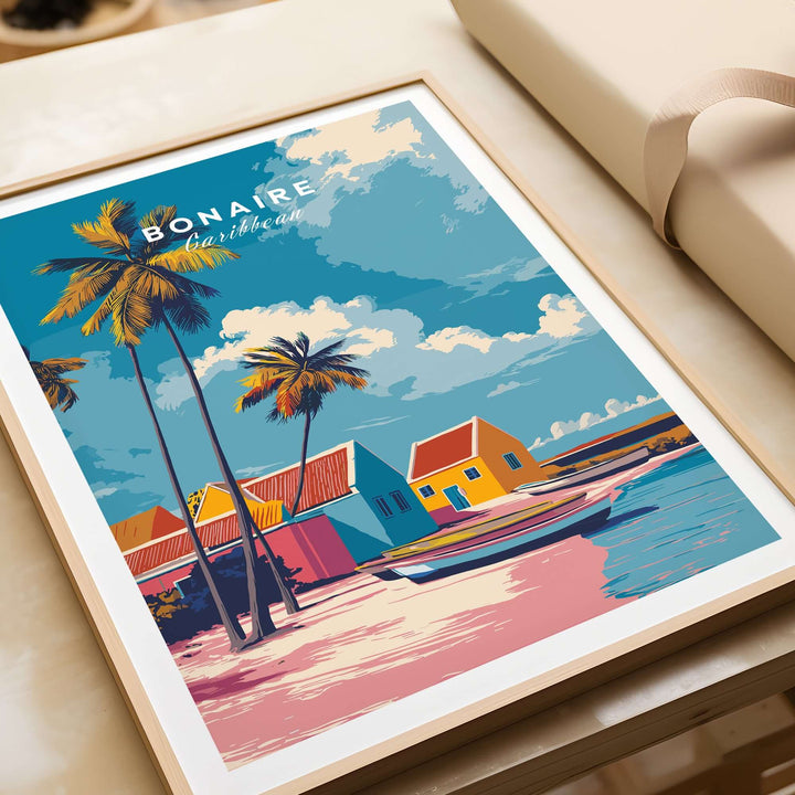 Bonaire Caribbean colorful houses print featuring tropical beach scene with palm trees and a vibrant sky.