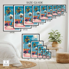 Bonaire Caribbean Colorful Houses Print - Tropical Beach Art Poster size guide displayed on a wall with various sizes.