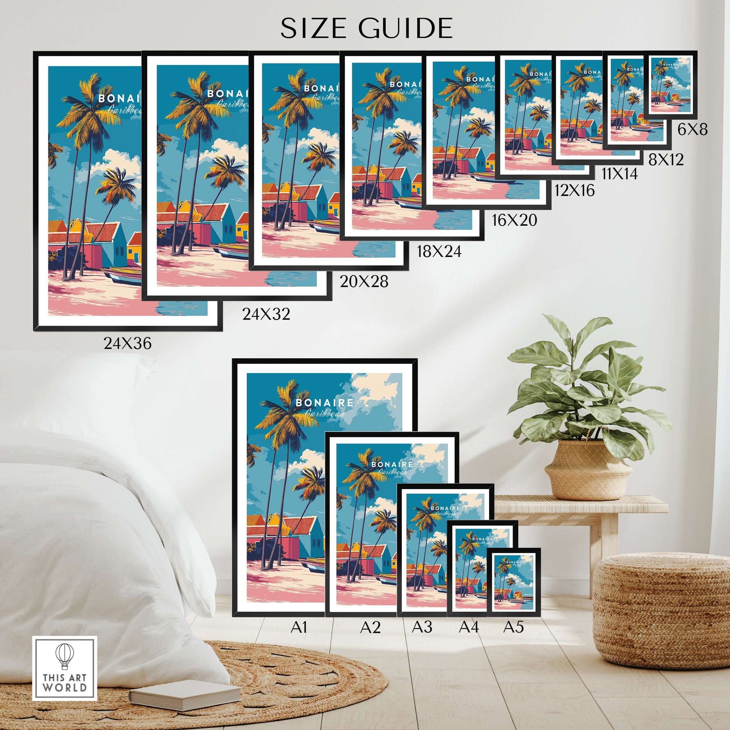 Bonaire Caribbean Colorful Houses Print - Tropical Beach Art Poster size guide displayed on a wall with various sizes.