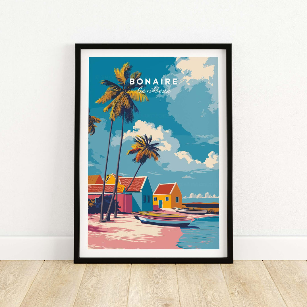 Colorful Bonaire Caribbean houses and palm trees in tropical beach art poster, framed for vibrant home decor.