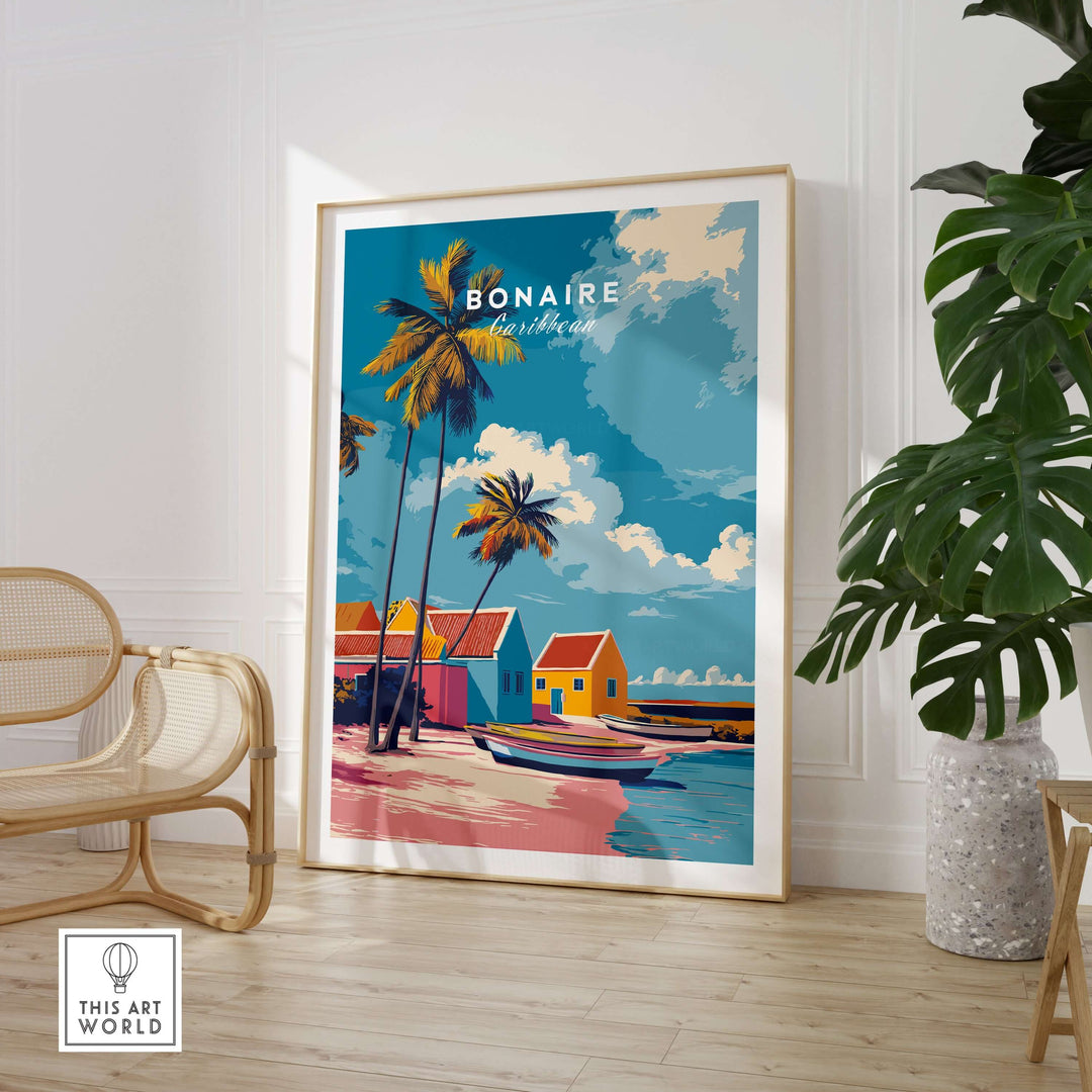 Colorful Caribbean houses print featuring palm trees and a beach scene in Bonaire, tropical art poster for home decor.