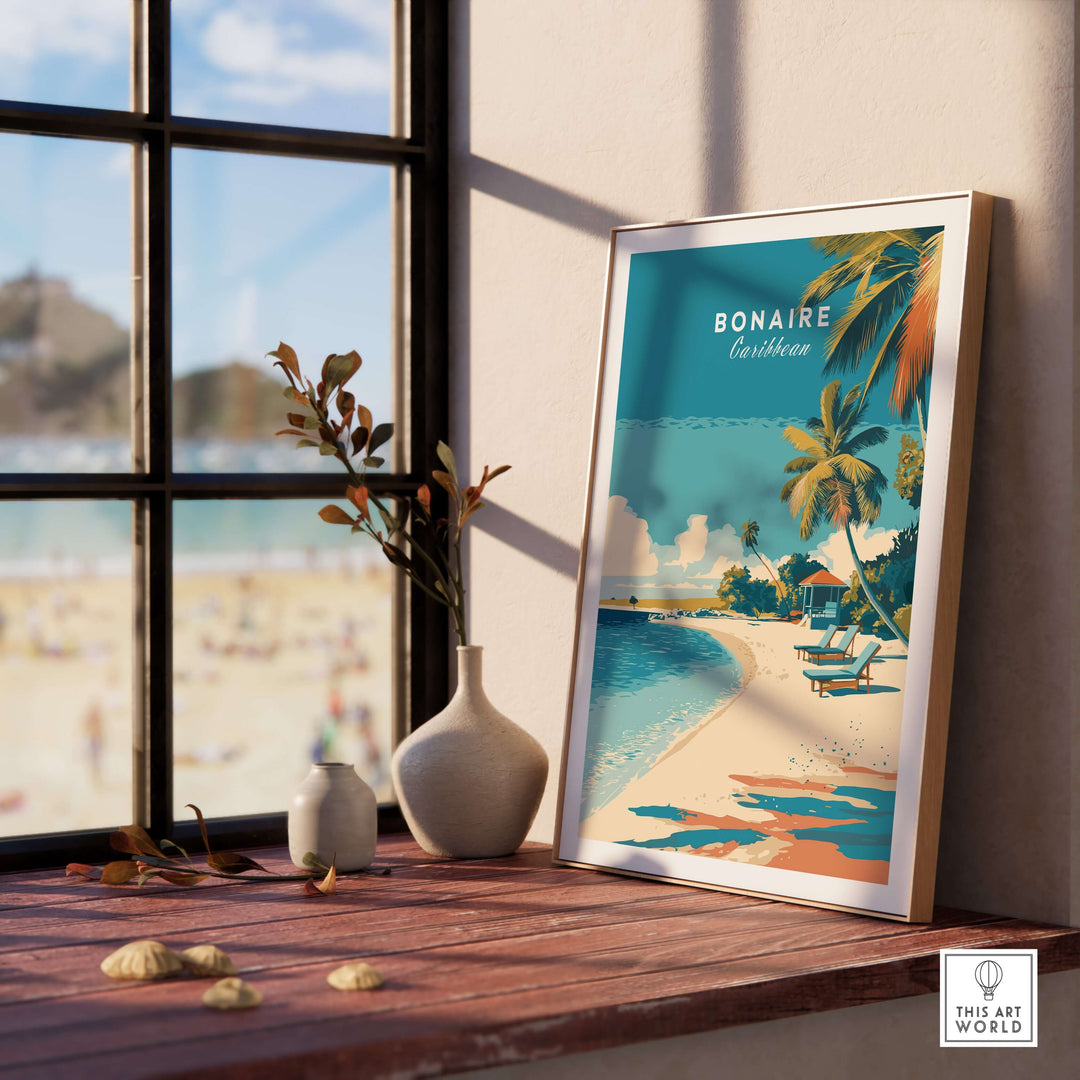 Bonaire Caribbean Serene Beach Poster on a windowsill showcasing relaxing island art and a tranquil beach scene.