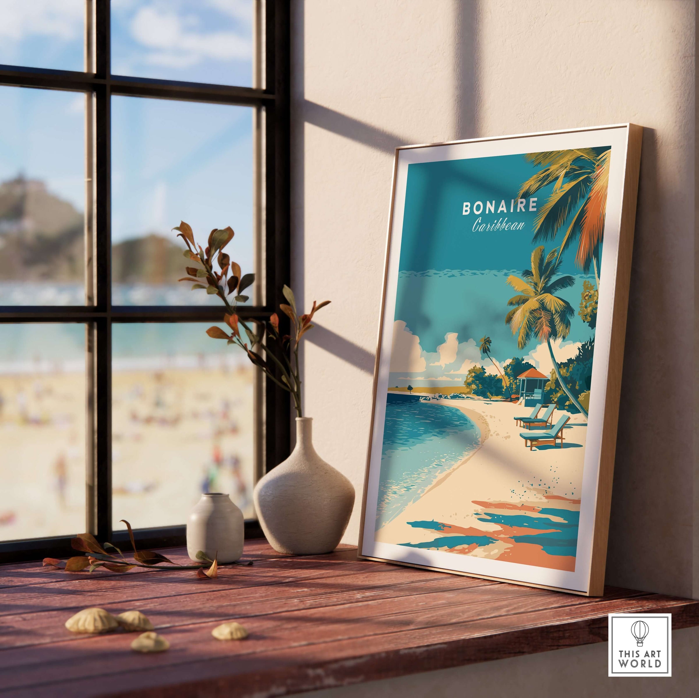 Bonaire Caribbean Serene Beach Poster - Relaxing Island Wall Art displayed in a bright room with beach view.