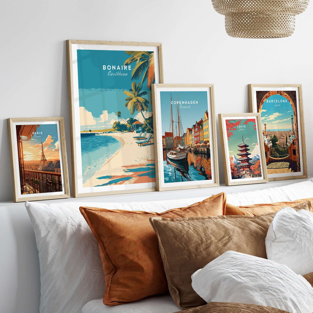 Bonaire Caribbean beach poster with framed wall art showcasing serene island scenes in a cozy living room setting.