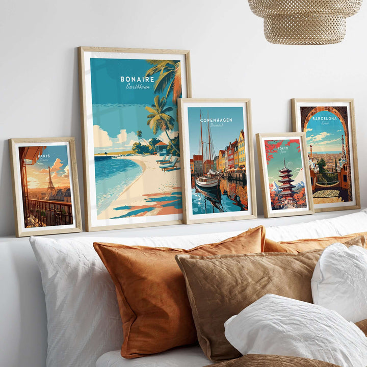 Bonaire Caribbean beach poster with framed wall art showcasing serene island scenes in a cozy living room setting.