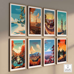 Bonaire Caribbean Serene Beach Poster - Relaxing Island Wall Art displayed among various city posters on a wall.