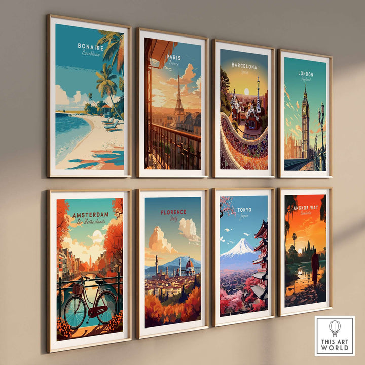 Gallery of vibrant travel posters featuring Bonaire, Paris, Barcelona, London, Amsterdam, Florence, Tokyo, and Angkor Wat.