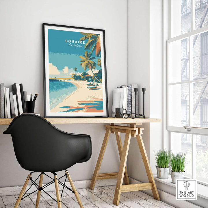 Bonaire Caribbean beach poster in a modern workspace, showcasing serene island art for relaxation and decor.